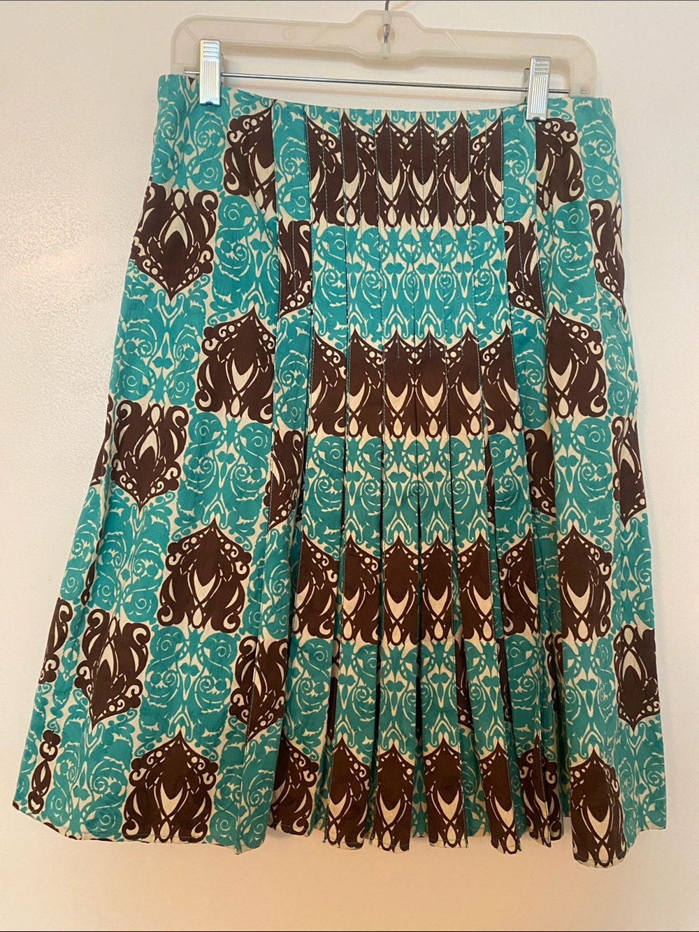 Carolina Herrera Colton Pleated A-Line Skirt, Batik Print, Turquoise Brown Beige